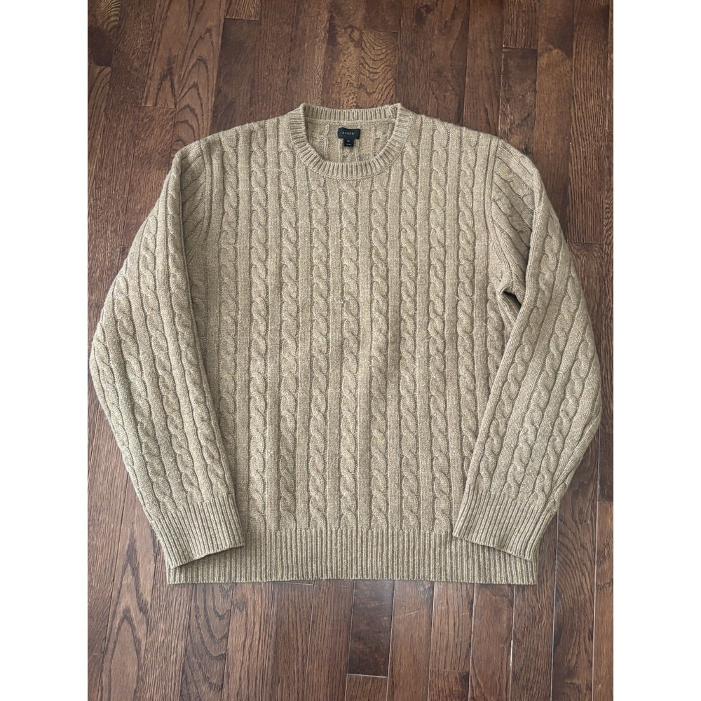 J Crew Handknit Lambswool Sweater Men XL Brown Cable Knit Heavy Fisherman Chunky